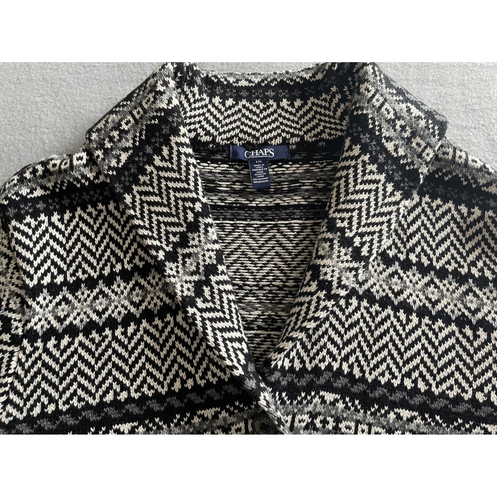 Chaps Womens Black White Fair Isle Shawl Collar Button Cardigan Sweater Large - Picture 2 of 10